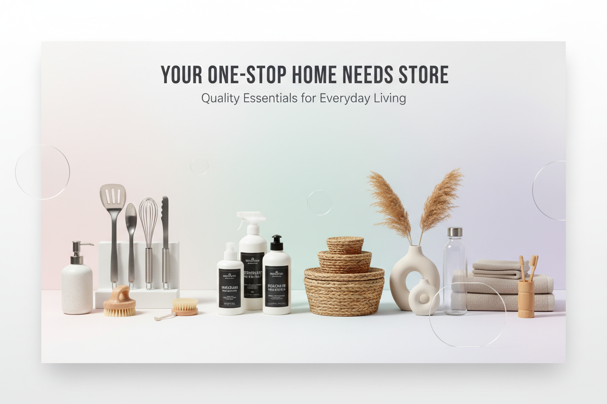 Create a modern, clean website banner for a Home Needs online store. Use a white and light pastel background with soft gradients. Add images of home essentials like kitchen tools, cleaning supplies, organizers, home décor, and daily-use items. Include soft shadows and simple geometric shapes. Add the headline 'Your One-Stop Home Needs Store' and a subtext 'Quality Essentials for Everyday Living'. Keep the design minimal, elegant, and full-width (16:9)